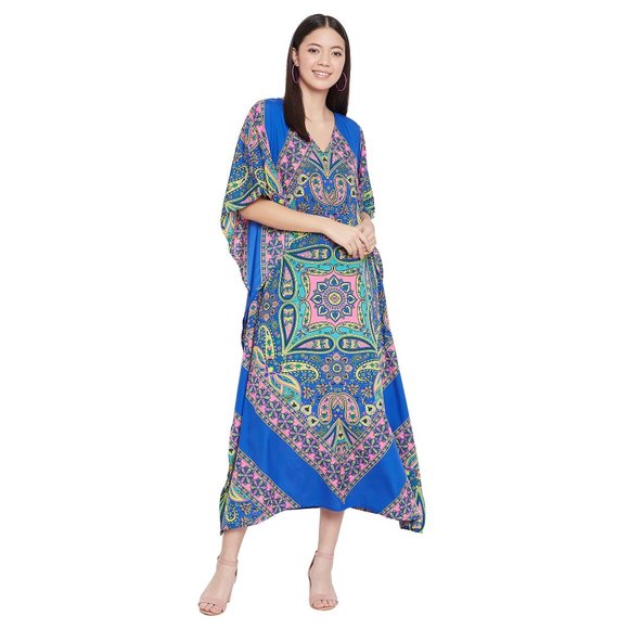 Women Blue Paisley Print Caftan Maxi Dress Plus Size for Nighty by Gypsie Blu - Picture 1 of 7